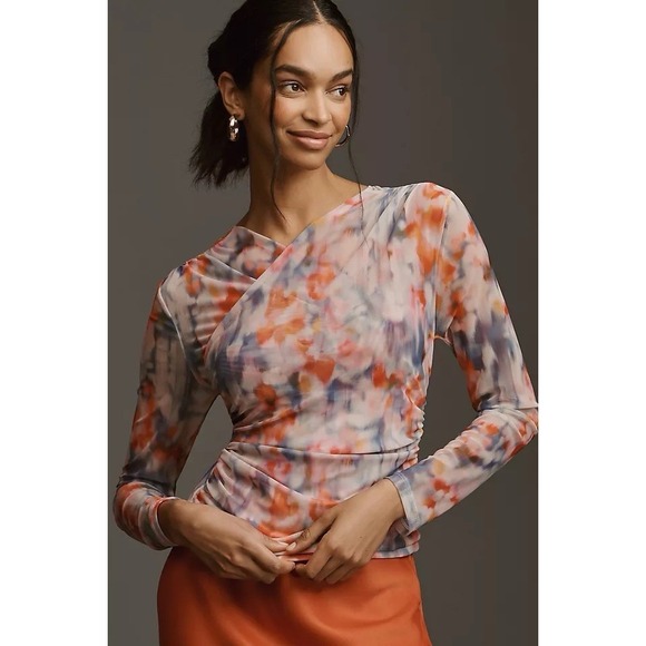 Anthropologie Tops - Anthropologie Mesh Crossover Long Sleeve Blouse Watercolor Large Semi Sheer